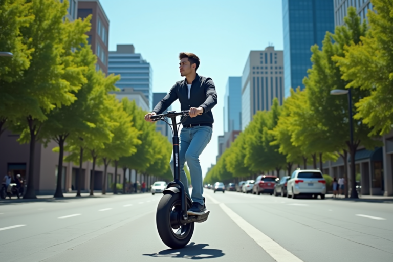 Monocycle électrique sur une piste cyclable en milieu urbain