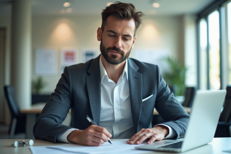 Directeur d'agence bancaire en costume dans un bureau moderne