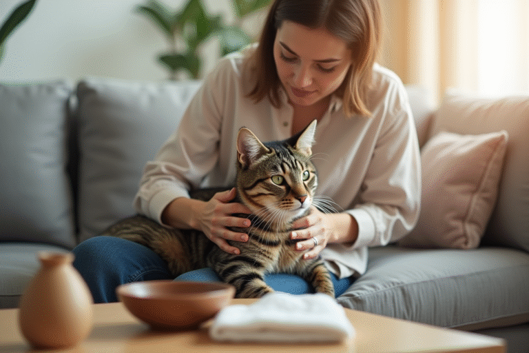 Chat toussant avec un regard inquiet dans un environnement domestique