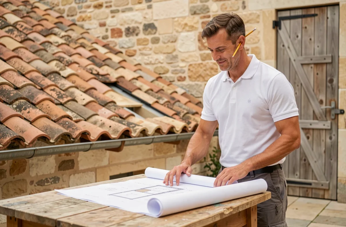 Artisan couvreur Geoffroy Pichard consultant des plans de toiture dans une cour de ferme en Sarthe