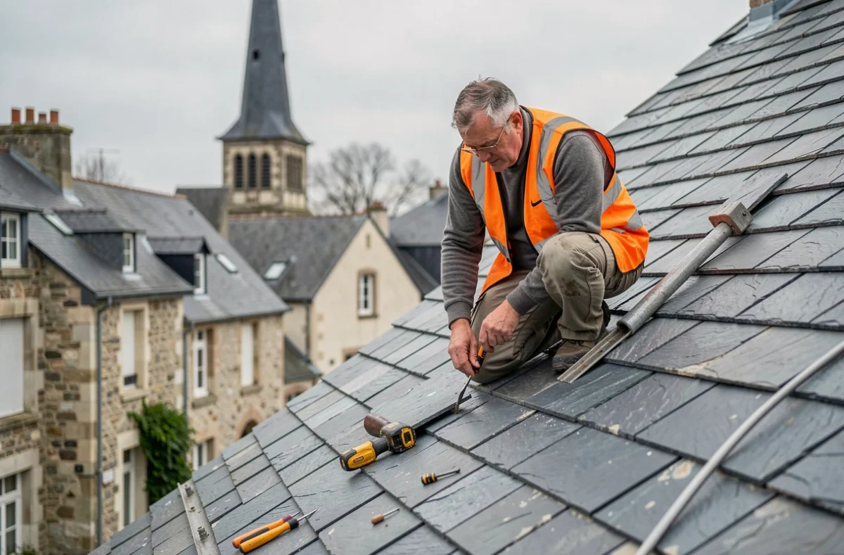 Couvreur de Germain Couverture ajustant des ardoises sur une toiture résidentielle en Sarthe