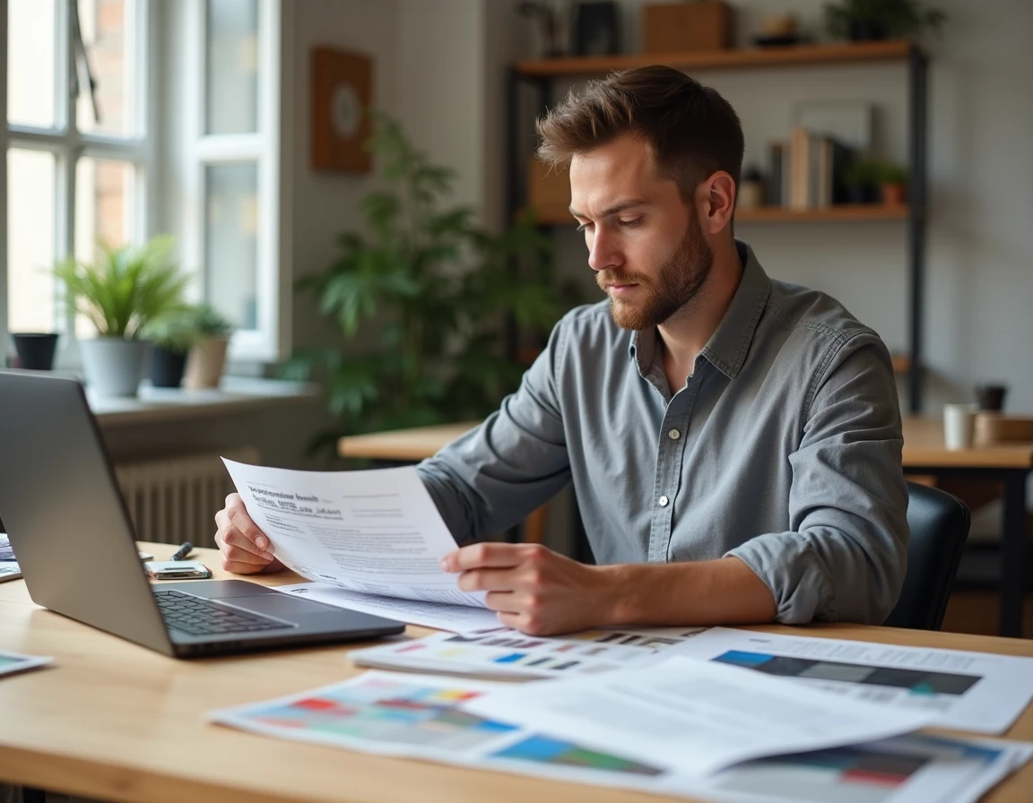 Graphiste travaillant sur la mise en page d'une profession de foi pour les élections municipales 2026