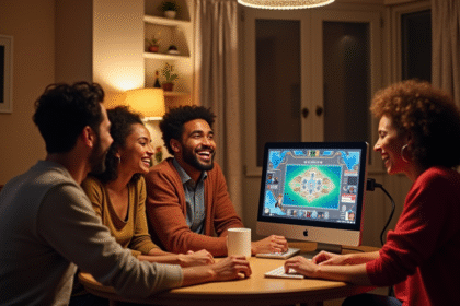 Groupe d'amis jouant à Azul en ligne lors d'une visioconférence