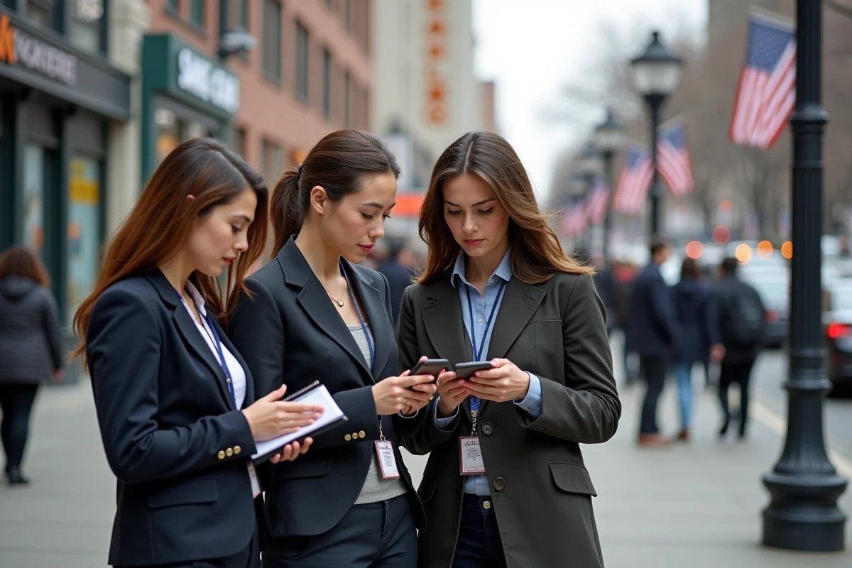 Groupe diversifié regardant leurs smartphones dans la rue de Washington
