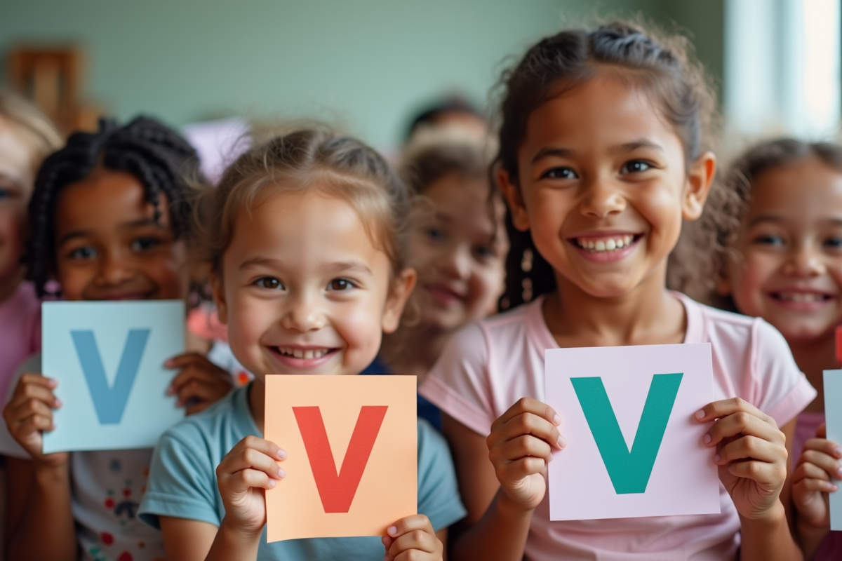 Groupe d'enfants avec cartes noms colorées en intérieur