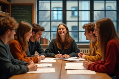 Groupe d'étudiants chantant autour d'une table à Strasbourg