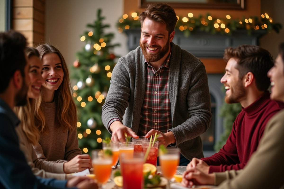 Famille partageant des cocktails de Noël autour d