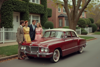 Groupe de jeunes adultes en mode années 50 devant une voiture vintage