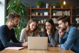Groupe de jeunes adultes discutant autour d'un ordinateur dans un espace coworking