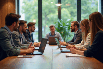 Groupe diversifié en atelier UX dans un espace moderne