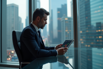 Homme d'affaires en costume examine des graphiques crypto