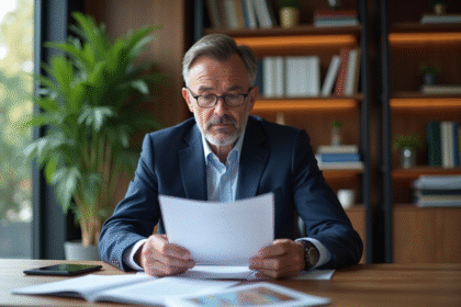 Homme d'affaires en costume bleu dans un bureau moderne