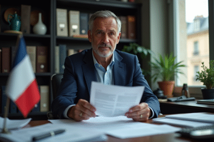 Homme d'affaires en costume dans un bureau parisien