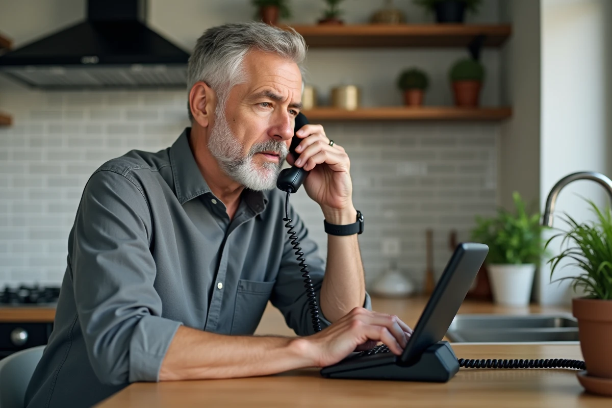 Homme bloquant un numéro sur un téléphone fixe dans la cuisine