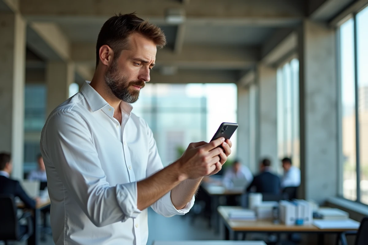 Homme en bureau vérifiant un appel surtaxé sur son smartphone lié à l'indicatif 49