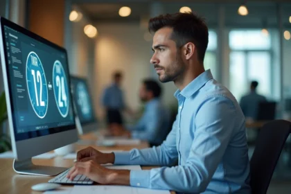 Homme de bureau regardant une horloge digitale sur son écran