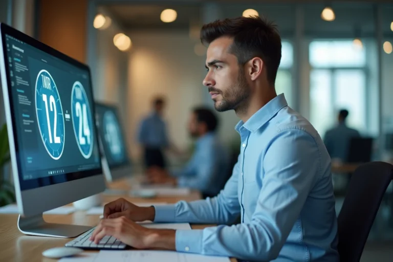 Homme de bureau regardant une horloge digitale sur son écran