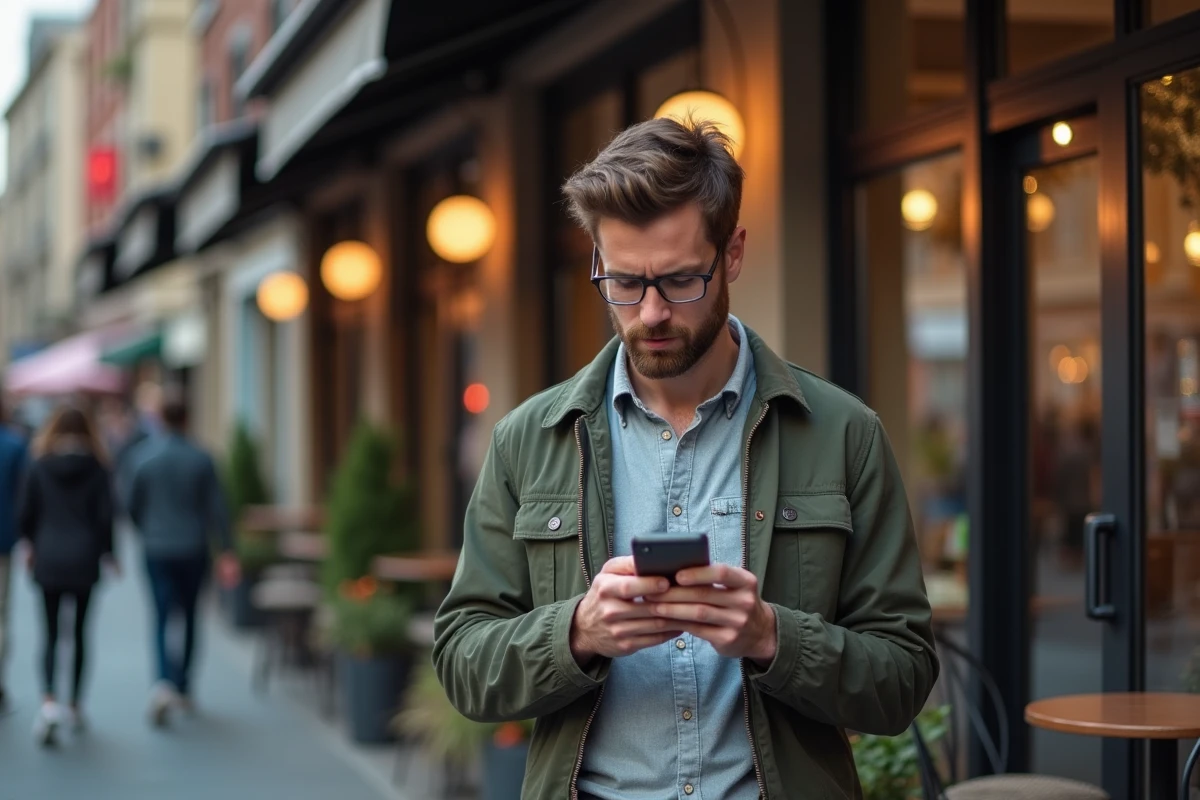 Homme en ville regardant son smartphone devant un café