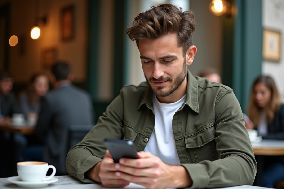 Homme dans un café parisien hésitant sur l'orthographe correcte de 'je t'envoie' en rédigeant un SMS