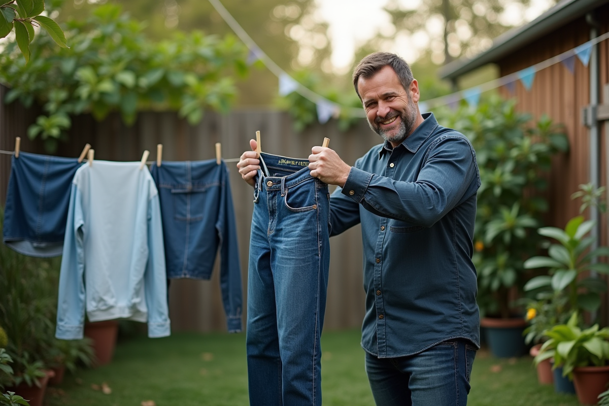 Homme suspendant un jean propre dans un jardin en plein air
