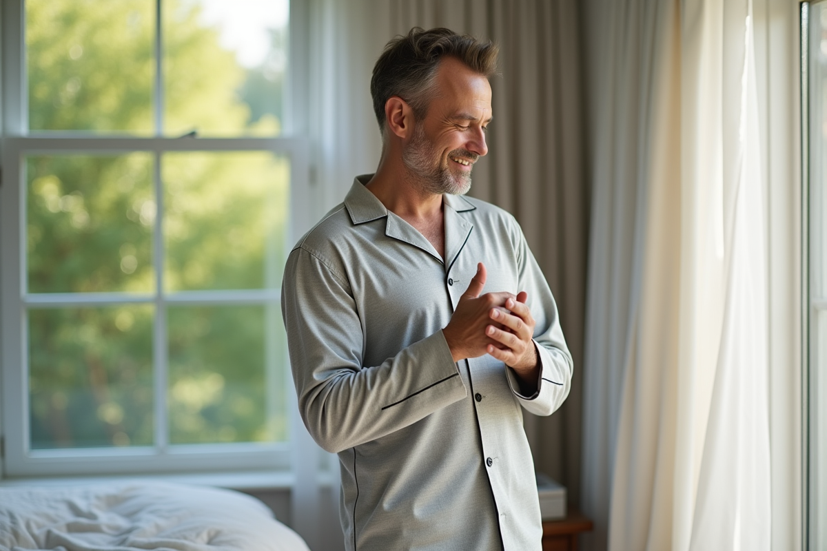 Homme en pyjama en bambou touchant le tissu