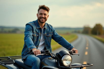 Homme en denim sur quad en campagne