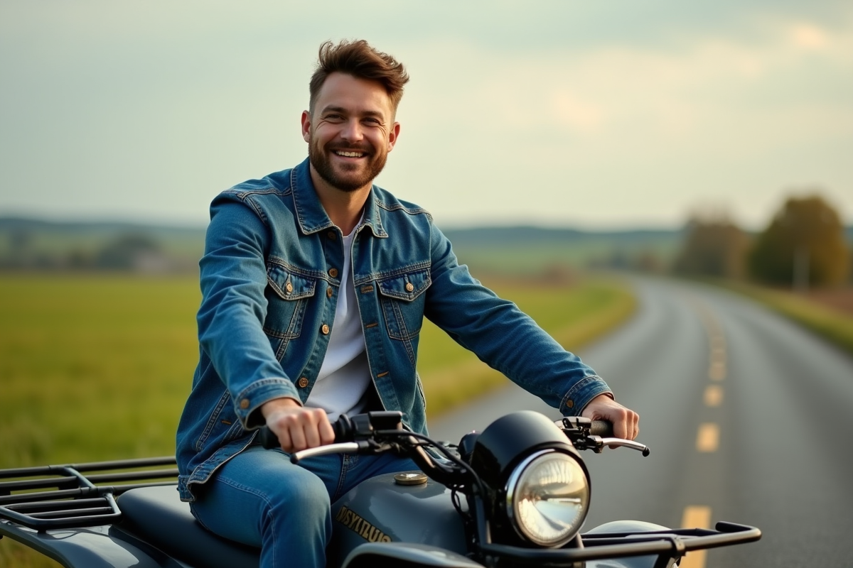 Homme en denim sur quad en campagne