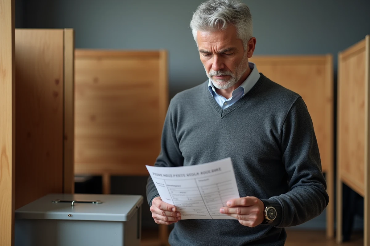 Homme français lisant un questionnaire politique dans un bureau de vote avec urne et isoloirs en arrière-plan