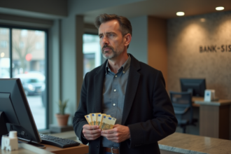 Homme d'âge moyen retirant de l'argent à la banque