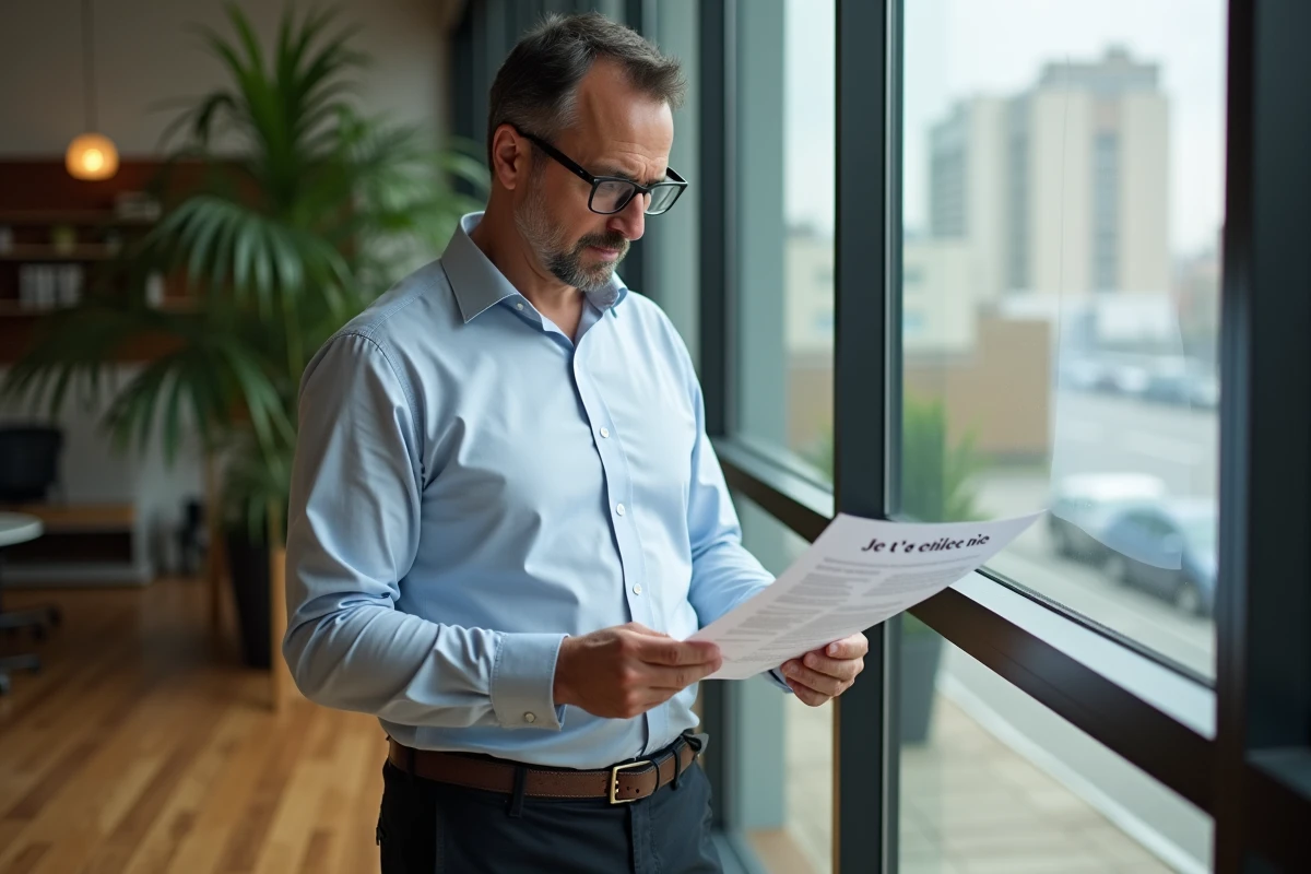 Homme vérifiant un texte français dans un bureau lumineux