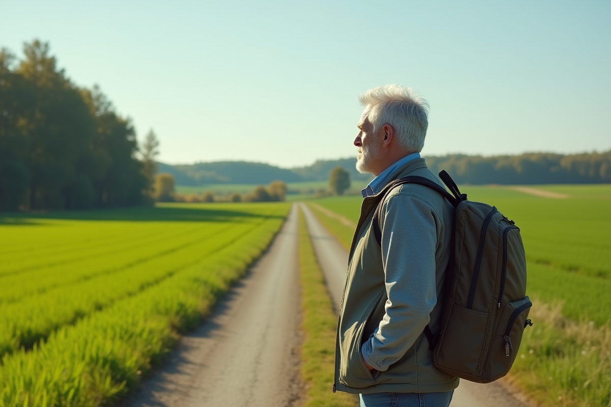 Homme age en nature contemplant un paysage rural pour article retraite