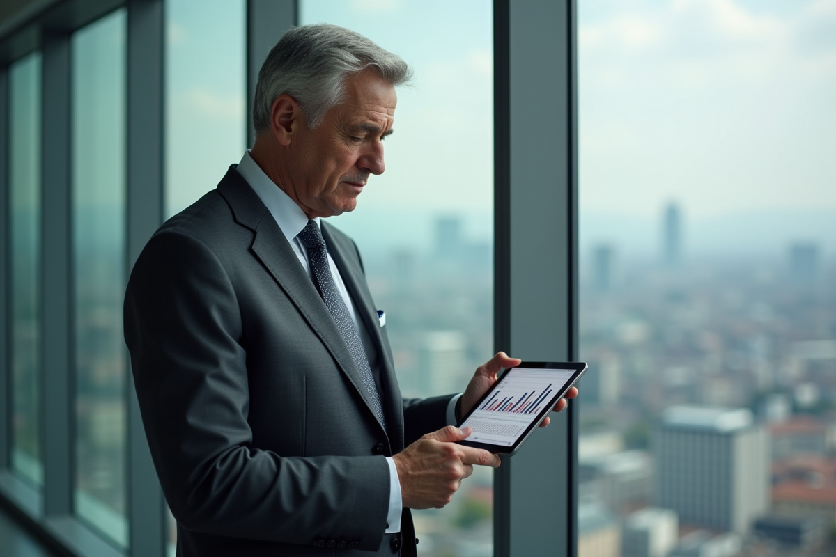 Homme suisse analysant des graphiques fiscaux sur tablette