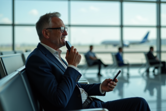 Homme d'affaires parlant dans un traducteur à l'aéroport