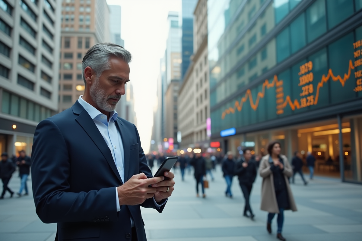 Homme d affaires utilisant son smartphone dans une place urbaine animée