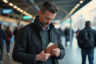 Homme d age checkant son portefeuille en ville