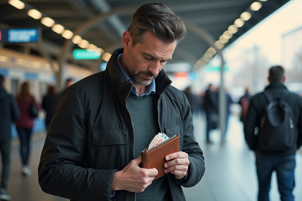 Homme d age checkant son portefeuille en ville