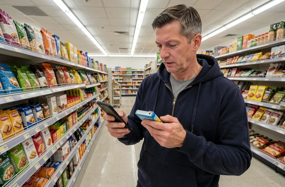 Homme vérifiant les avis consommateurs sur son smartphone dans un supermarché avant un achat