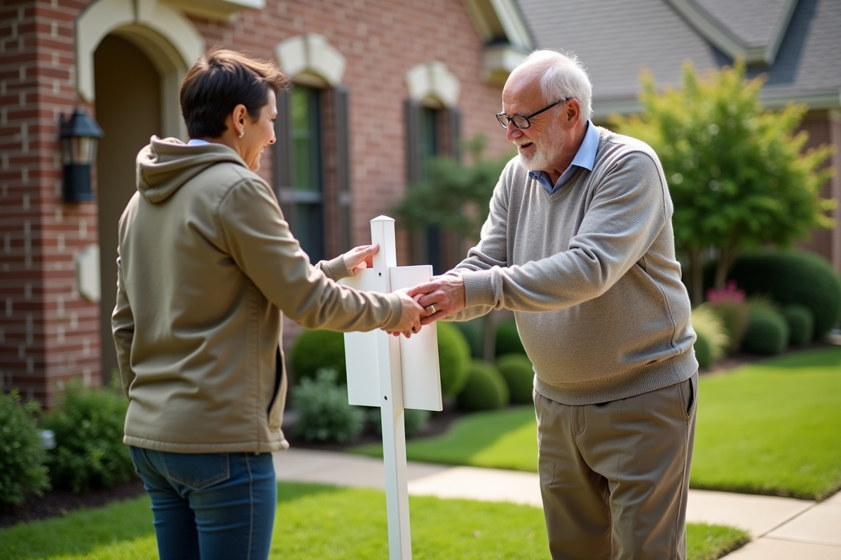 Homme âgé remet un panneau à vendre à un voisin dans un jardin