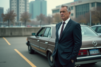 Homme d'affaires devant une vieille voiture en ville