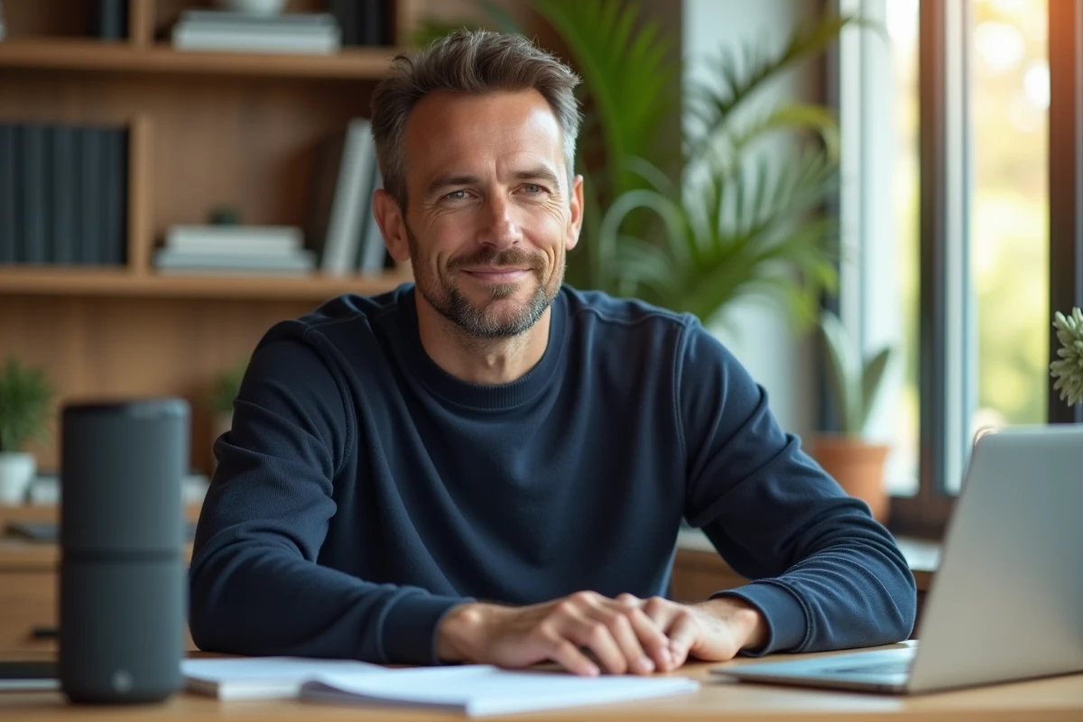 Homme utilisant un haut-parleur intelligent dans un bureau moderne