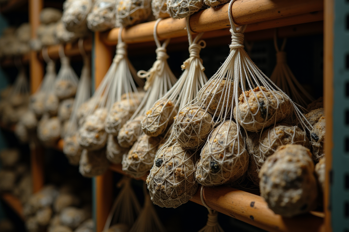 Huitres stockees en cave froide dans des sacs en filet