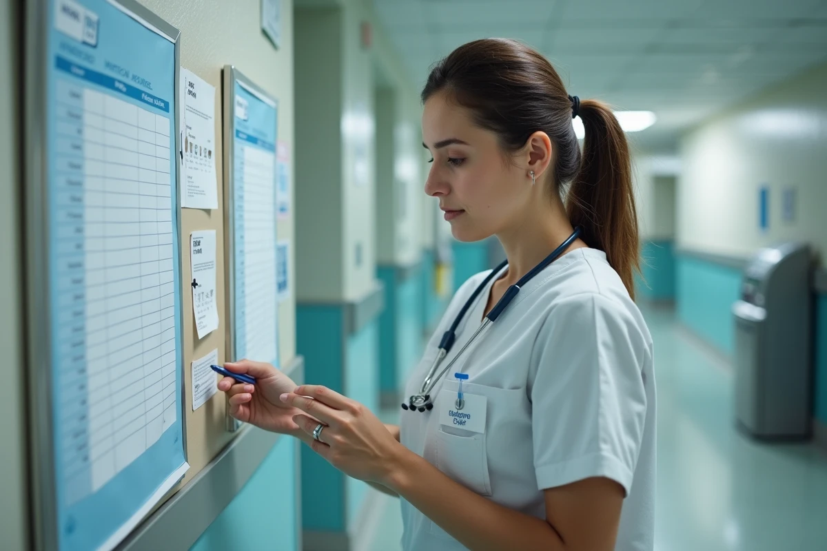 Infirmière vérifiant un planning de shifts dans un hôpital