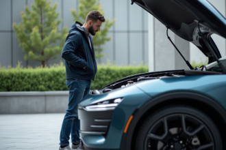Jeune ingenieur automobile examinant un moteur futuriste en plein air