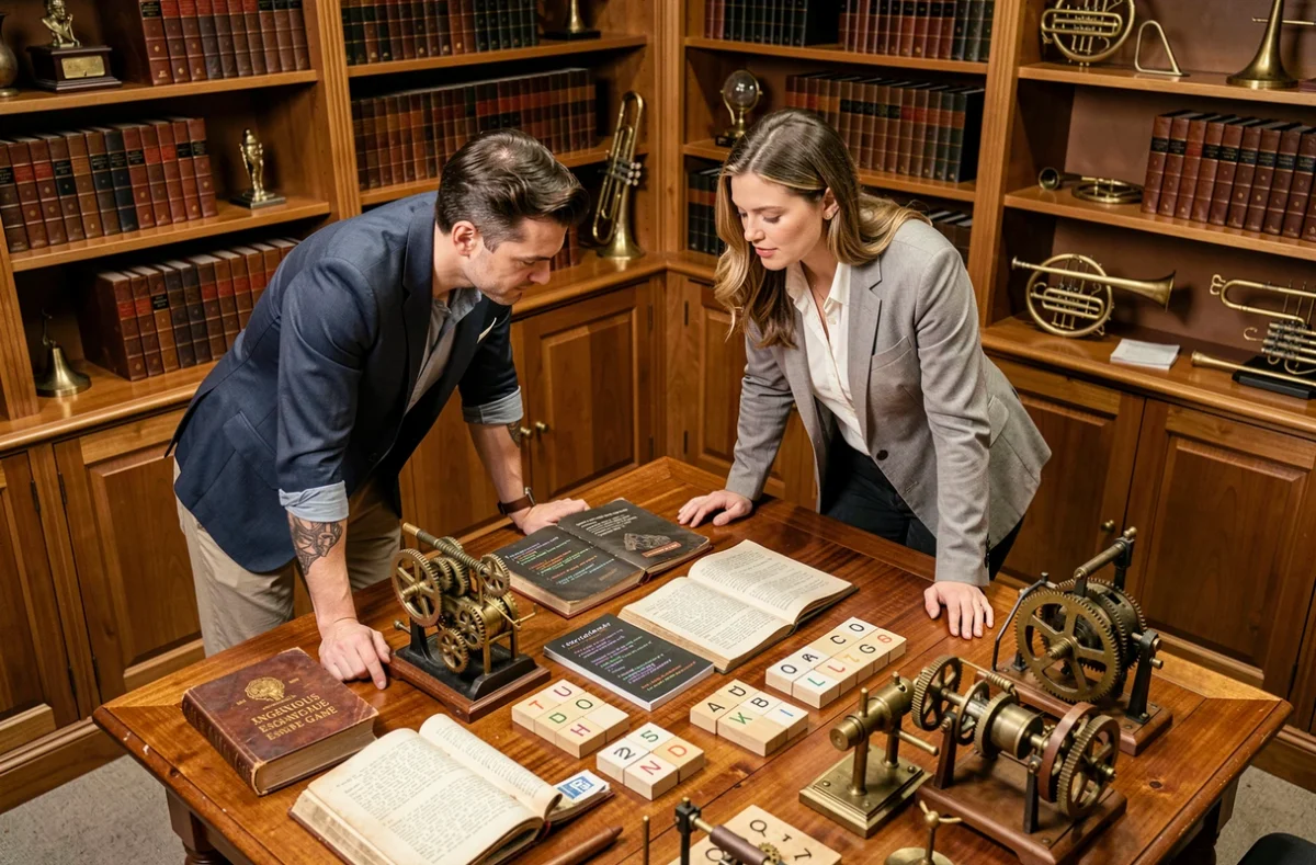 Duo de joueurs confrontés à des énigmes mécaniques chez Ingenious Escape Game