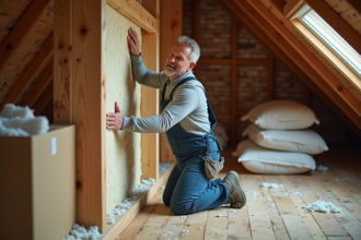 Homme moyenâge en travaux isolant un grenier