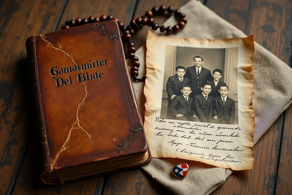 Nature morte d'objets patrimoniaux portoricains incluant une Bible, une photo de famille sépia et un chapelet, illustrant les origines culturelles et familiales de Jennifer Lopez