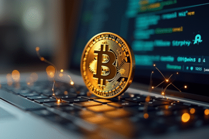 Pièce de bitcoin dorée sur clavier d'ordinateur avec lumières digitales