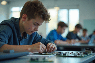 Jeune adulte assemble un circuit électronique dans une salle moderne