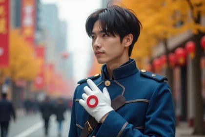 Jeune homme cosplayer en veste militaire lors d'un festival d'automne