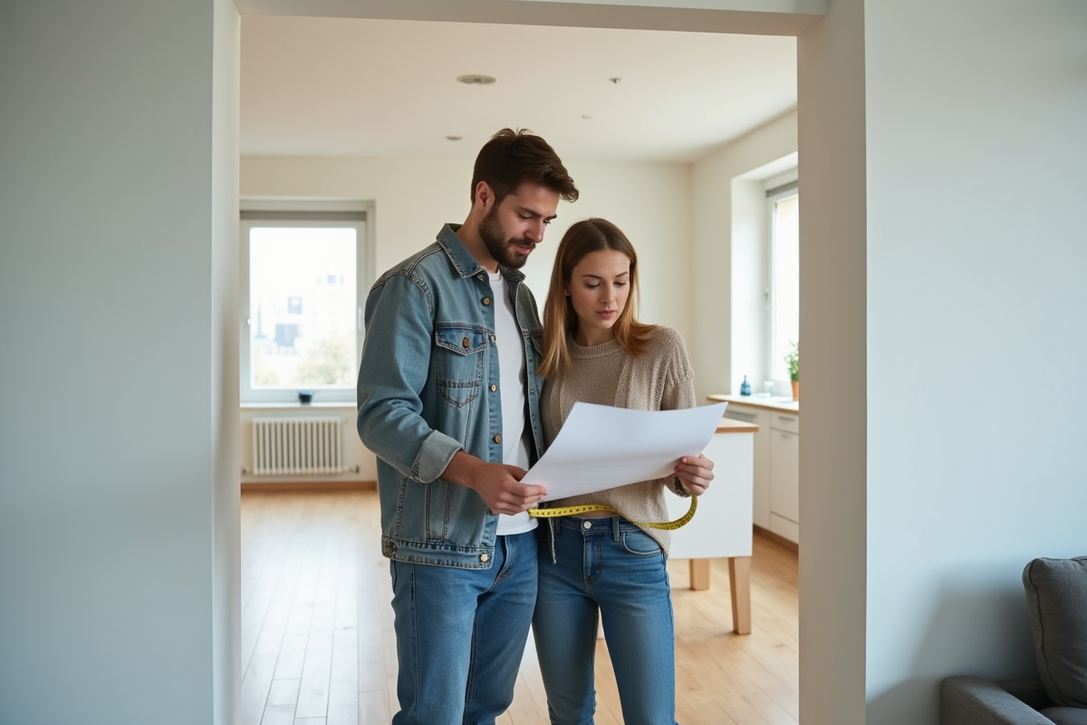 Jeune couple mesurant un appartement avec un plan